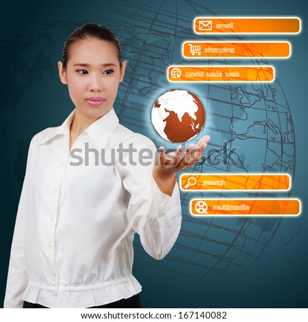 Asian business woman. Showing virtual global communication. Concept of boundless communication.