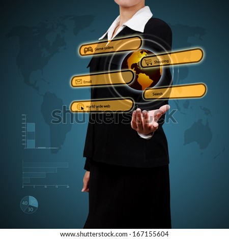 Business woman. Showing virtual global communication. Concept of boundless communication.