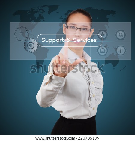 Business woman touching a word support and services on virtual screen.