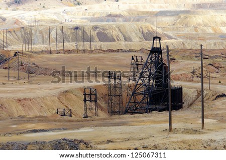 Butte, Montana, Old mining headframes sit in the middle of a huge copper mine
