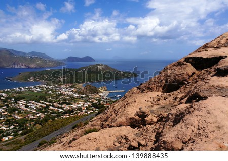 Aeolian islands seen from volcano slope on Vulcano island, Sicily, Italy