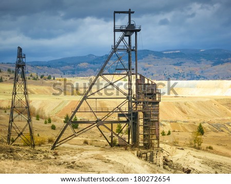 old mining headframes in a huge copper mine, Butte, Montana, United States