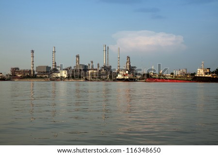 panorama on liquid and natural petroleum gas refinery plant area with big ship , Bangkok, Thailand.