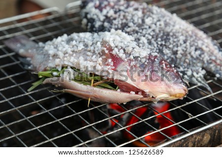 Grilling fish  covered by salt on campfire