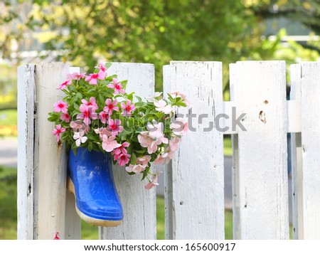 Funny flower decoration set in old rubber boot with wood wall in garden