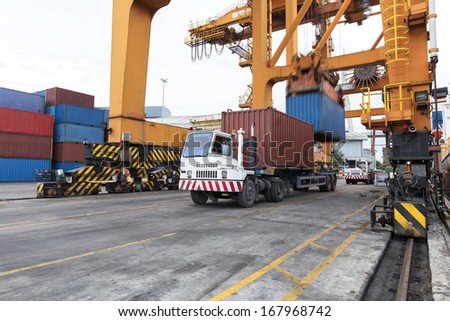 A big container vessel in a container seaport during transportation of cargo in containers by cranes and lorry trucks.