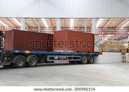 Container box on truck at loading dock shipping industry warehouse