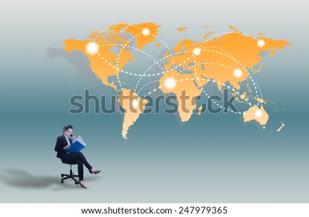 Business women connecting business with global map background