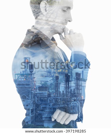 Double exposure concept with businessman think plan about oil power plant and car in future.