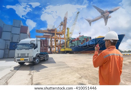 Foreman control loading Containers box from Cargo freight ship with truck for Logistic Import Export background (Elements of this image furnished by NASA)