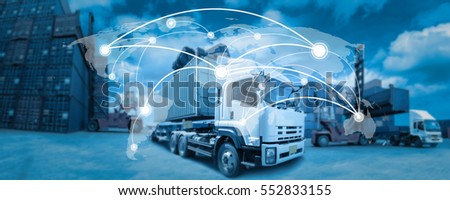 Global network coverage world map,Truck with Industrial Container Cargo for Logistic Import Export at yard (Elements of this image furnished by NASA)