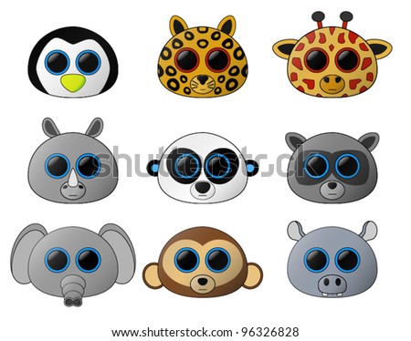 Cute Baby Animals. A set of 9 cute baby animals (includes a Penguin, Leopard, Giraffe, Rhino, Panda, Raccoon, Elephant, Monkey and Hippo. This image contains transparencies. File saved as EPS v 10.