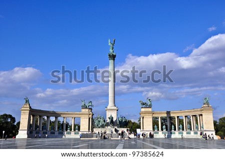 BUDAPEST - CIRCA MAY 2011: Tourists visit Millennium Monument in  This square has been UNESCO World Heritage site since 2002.