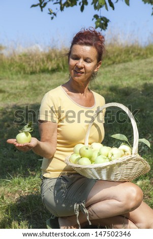 Smiling woman showing organic apples under an apple tree on a lovely sunny summer day