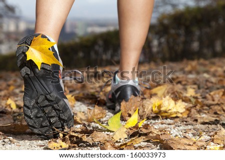 Feet of a runner running in autumn leaves, training for marathon and fitness,  Close-up