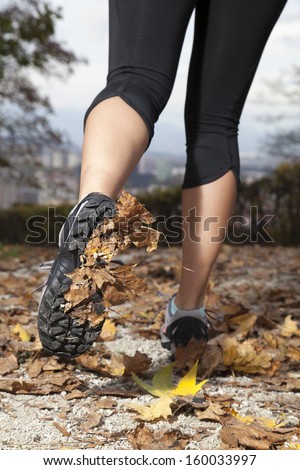 Feet of a runner running in autumn leaves, training for marathon and fitness,  Close-up