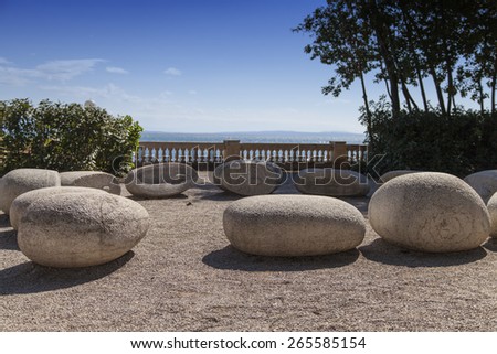 An Image of the energy stone circles, henge, blue sky in the background, Opatija, Croatia, space for text