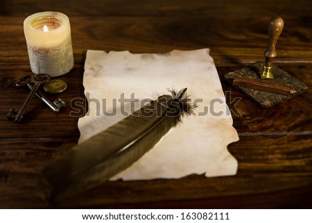 an empty parchment document with feather