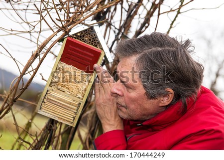 senior adult is watching a bug hotel