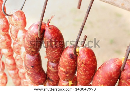 Asia sausage in market - red sausage