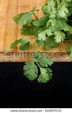 Close-up of fresh coriander on wood background