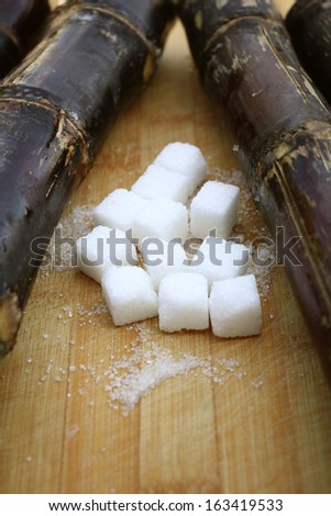 White sugar cubes and red sugar cane