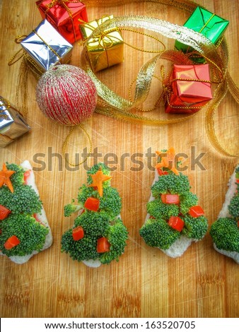 Christmas tree of bread  broccoli and tomatoes for christmas food