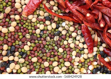 mixture of legumes red bean,black bean, green bean, peanuts,chili