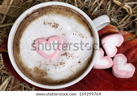 Hot chocolate with heart pink marshmallow for valentine\'s day