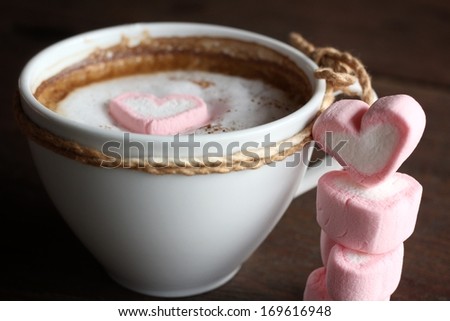 Hot chocolate with heart pink marshmallow for valentine\'s day