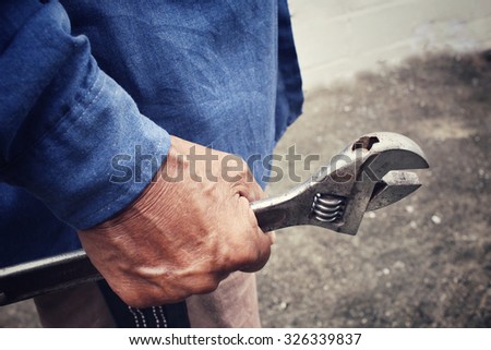 Man with adjustable wrench tool