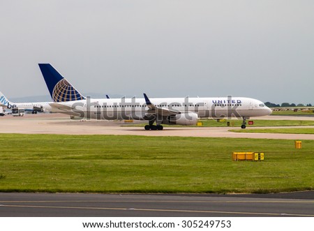 Manchester, United Kingdom - June 14, 2014: United Airlines Boeing 757 at Manchester International Airport. United Airlines adds route between Cleveland and Fort Lauderdale in October 2015.