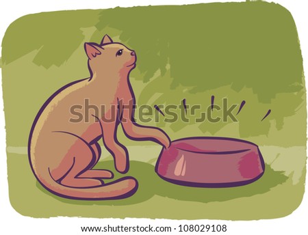 Cartoon illustration of a hungry cat pawing at its empty food dish and looking up expectantly. Profile view with some copy space.