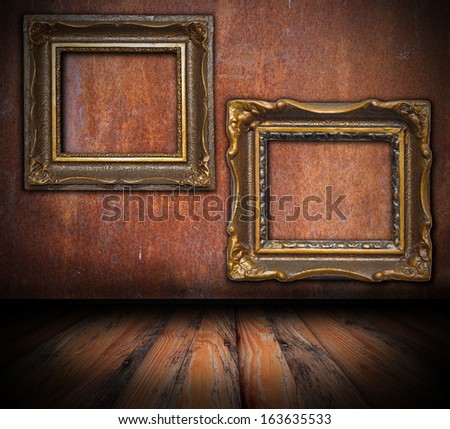Empty Painting Frames On Rusted Wall, Interior Architectural Backdrop For Your Design