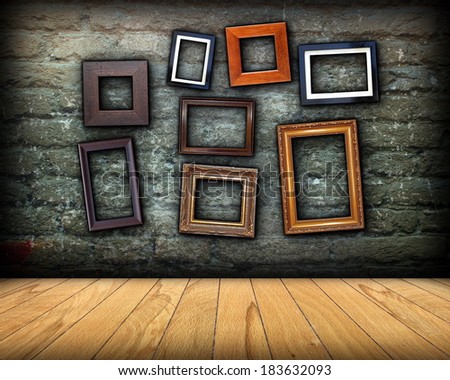 scratched wall full of wood frames for your design or message