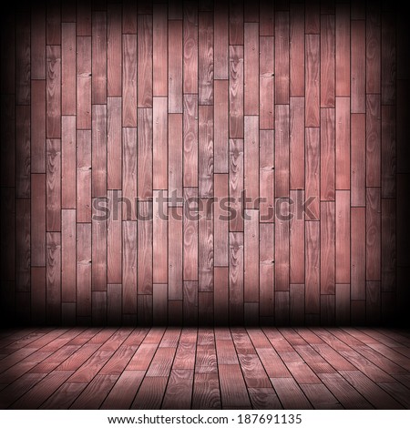 empty architectural indoor wooden room, reddish wood planks finishing on parquet and wall