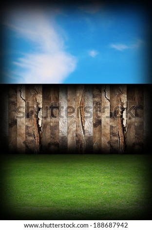 beautiful backyard with wood fence, green lawn and blue sky, abstract natural  backdrop