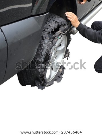 exploded tire of a truck, totally damaged, isolation over white background