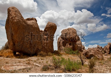Volcanic rock formations at City of Rocks near Deming, New Mexico, USA/Volcanic Rock Formations at City of Rocks State Park, New Mexico, USA/Naturally sculpted volcanic rocks in New Mexico, USA