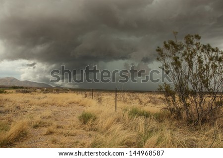 Summer monsoon with thunderstorm, wind, gray cloudy sky over semi-desert grassland in landscape /Thundercloud Sky over Dry Semi-Desert Grass Landscape during Storm/Monsoon storm in semi desert