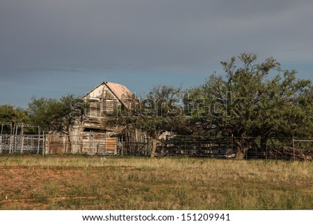 Old barn, built of boards, leaning with age near disused corrals at Benson, Arizona, USA/Storyteller/Summer vegetation hides an old, abandoned little barn along I-10 on outskirts of Benson, Arizona