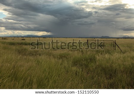 Summertime pasture beyond ranch gate in semi-desert grasslands, green after monsoonal rains in Arizona, USA/Thunderstorm over Grassland Prairie/Monsoon storm brings rain to desert grasslands