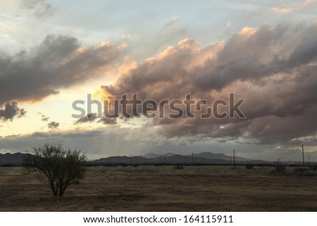 Heavy pink and grey clouds with light rain showers over dry grassland at sunset in Autumn/Pink and Gray Cumulus Clouds with Sunrays over Autumn Prairie/Grey, pink, blue cloudy landscape during Fall
