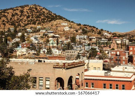 Historic copper mining town, Bisbee, Arizona state, USA, of early 1900s in Mule Mountains/Hilly1900s Mining Town, historic Bisbee, Arizona, United States/1900s vintage town, Bisbee in Arizona, USA