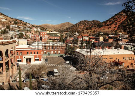 Vintage buildings in historic copper mining town, Bisbee, in Arizona, USA/1900s Architecture in Historic Copper Mining Town, Bisbee, in Arizona USA/Old brick and stone buildings of Bisbee, Arizona USA