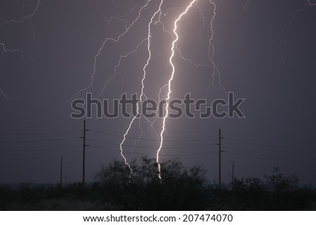 Two long vivid strikes of white lightning to ground after sundown/Two Cloud to Ground Lightning Bolts at Night with Power Poles and Lines in Image/Lightning bolts from sky to ground after dark