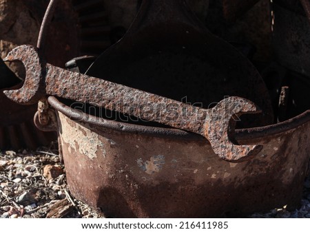Closeup of old open-end wrench rusted with age/Still-Life Macro of Vintage Open-Ended Spanner/Closeup of rusted weathered one-piece wrench