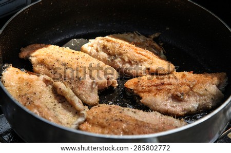 Sunshine on trout fish frying in pan outdoors/Shaft of Sunlight on Fresh Trout Fish Frying in Pan Outdoors/Fish-fry outside with sunlight