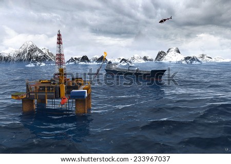 Oil platform in the Arctic Ocean, the oil production