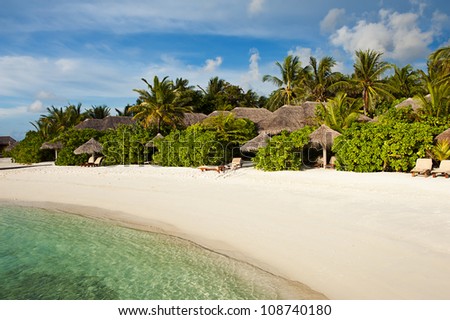 Beautiful tropical paradise in Maldives with coco palms hanging over the white beach, cozy bungalows and turquoise sea
